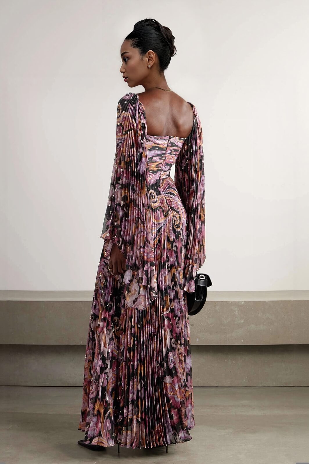 Exquisite Printed Metallic Pleated Chiffon Trumpet Sleeve Maxi Dress