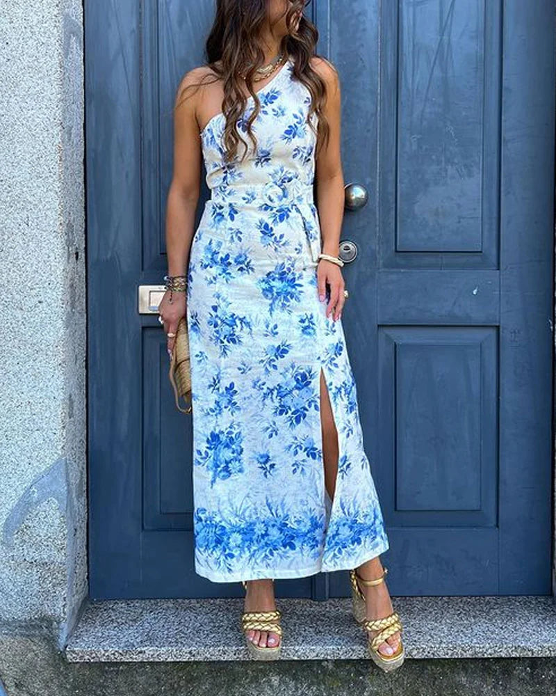 Elegant Vacation Shoulder Slit Print Two-piece Set
