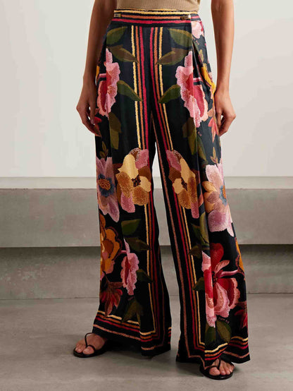 Exquisite Wrap-around Pleated Floral Print Wide-leg Pants