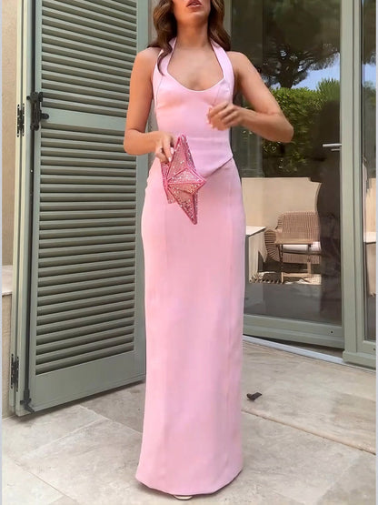 Elegant Halter Top Slim Fit Long Skirt Two-Piece Set