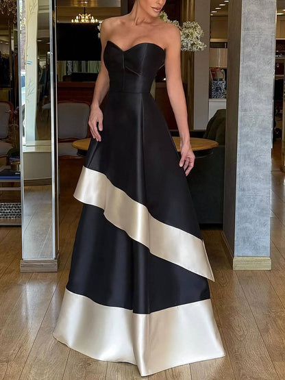 Tube Top Color Contrast High Waist A- Line Maxi Dress