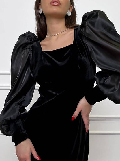 Square Neck Bubble Sleeve Front Slit Dress