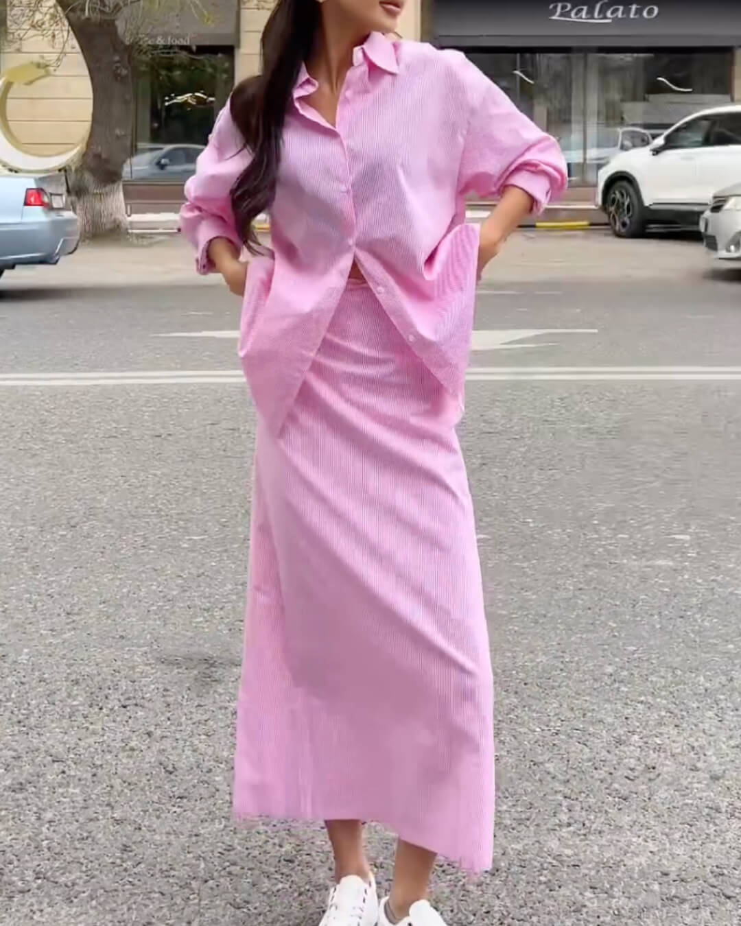 Loose Striped Shirt and Elastic Waist Short Set with Cami Top