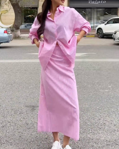 Loose Striped Shirt and Elastic Waist Short Set with Cami Top