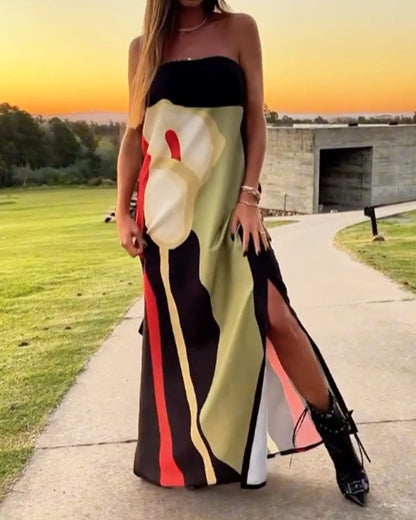 Fashion Art Print Strapless Split Dress