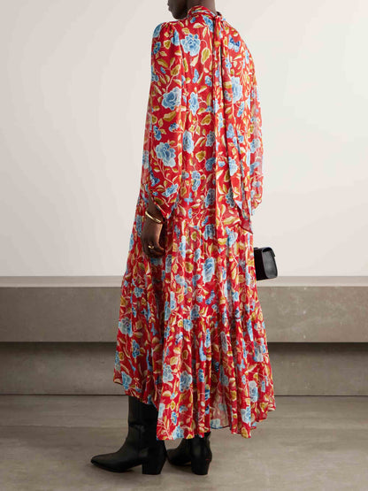 Exquisite High-neck Floral Print Chiffon Maxi Dress