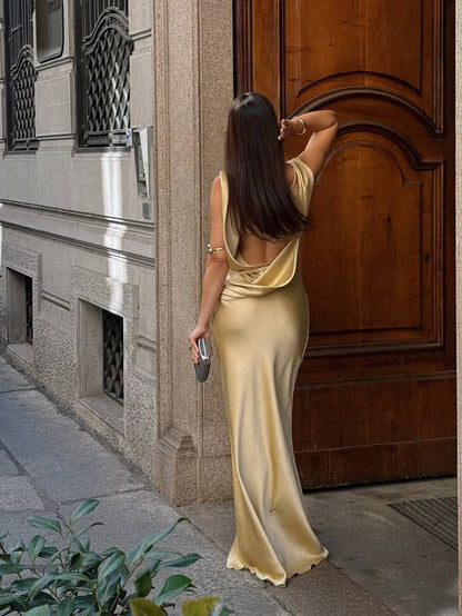 Elegant Swing Collar Backless Maxi Dress