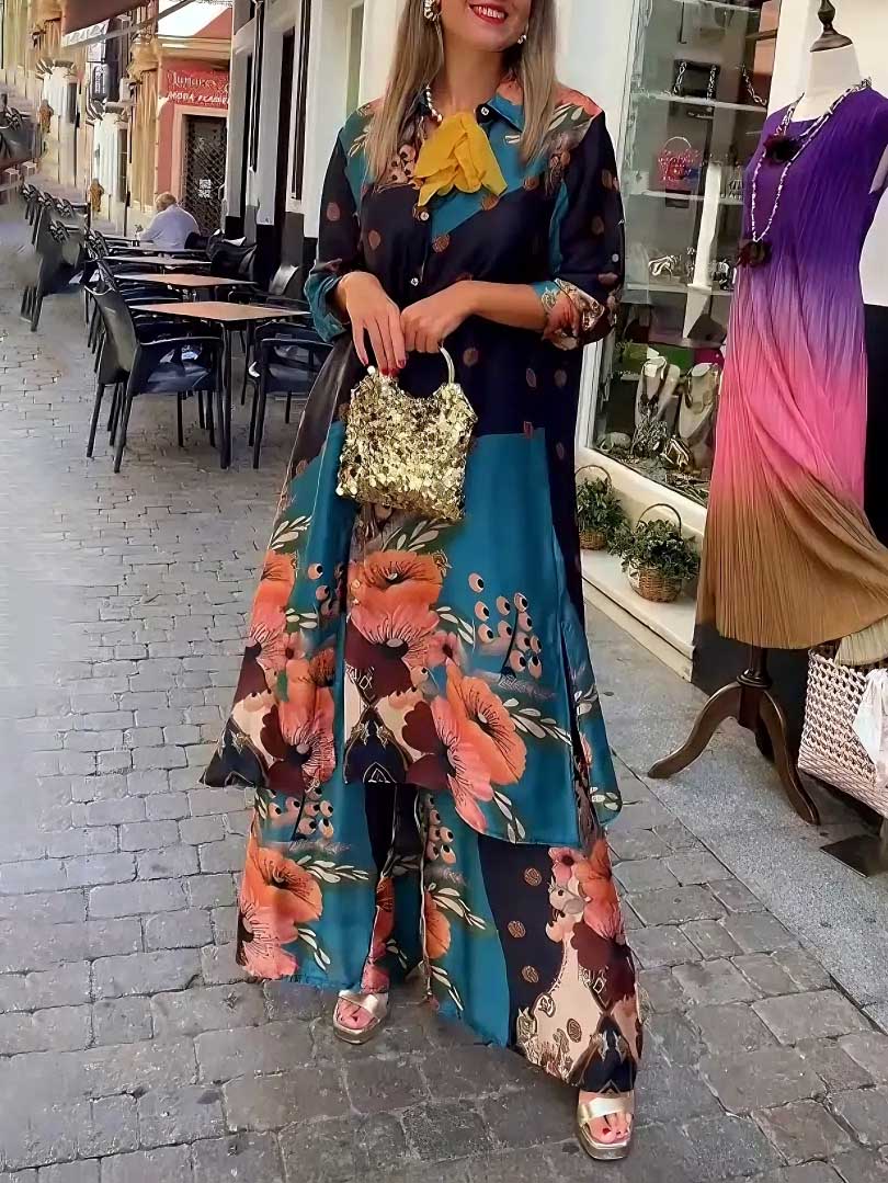 Elegant Satin Floral Print Wide-leg Pants