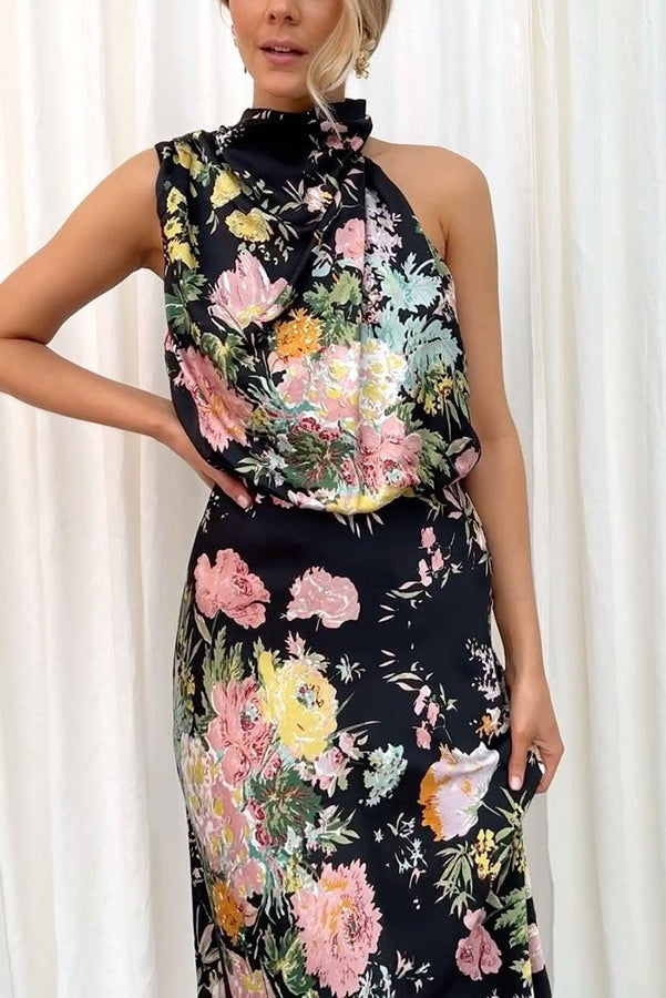 Floral Halter Neck Elastic Waist Maxi Dress