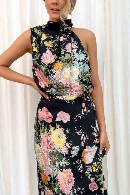 Floral Halter Neck Elastic Waist Maxi Dress