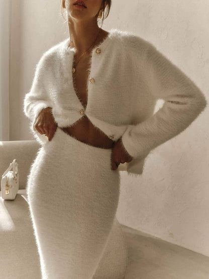 Elegant Knitted Cardigan And Skirt Suit