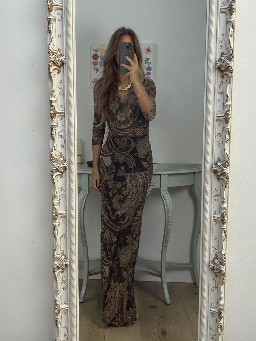 Elegant Long-Sleeve Paisley Print Deep V-Neck Maxi Dress