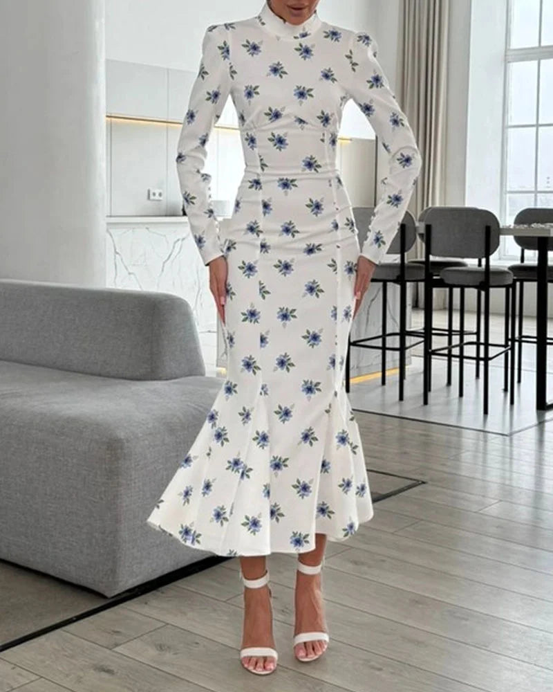 Elegant Half-Collar Floral Print Dress