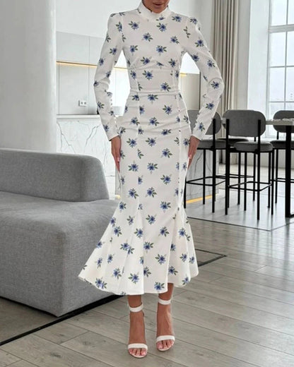 Elegant Half-Collar Floral Print Dress