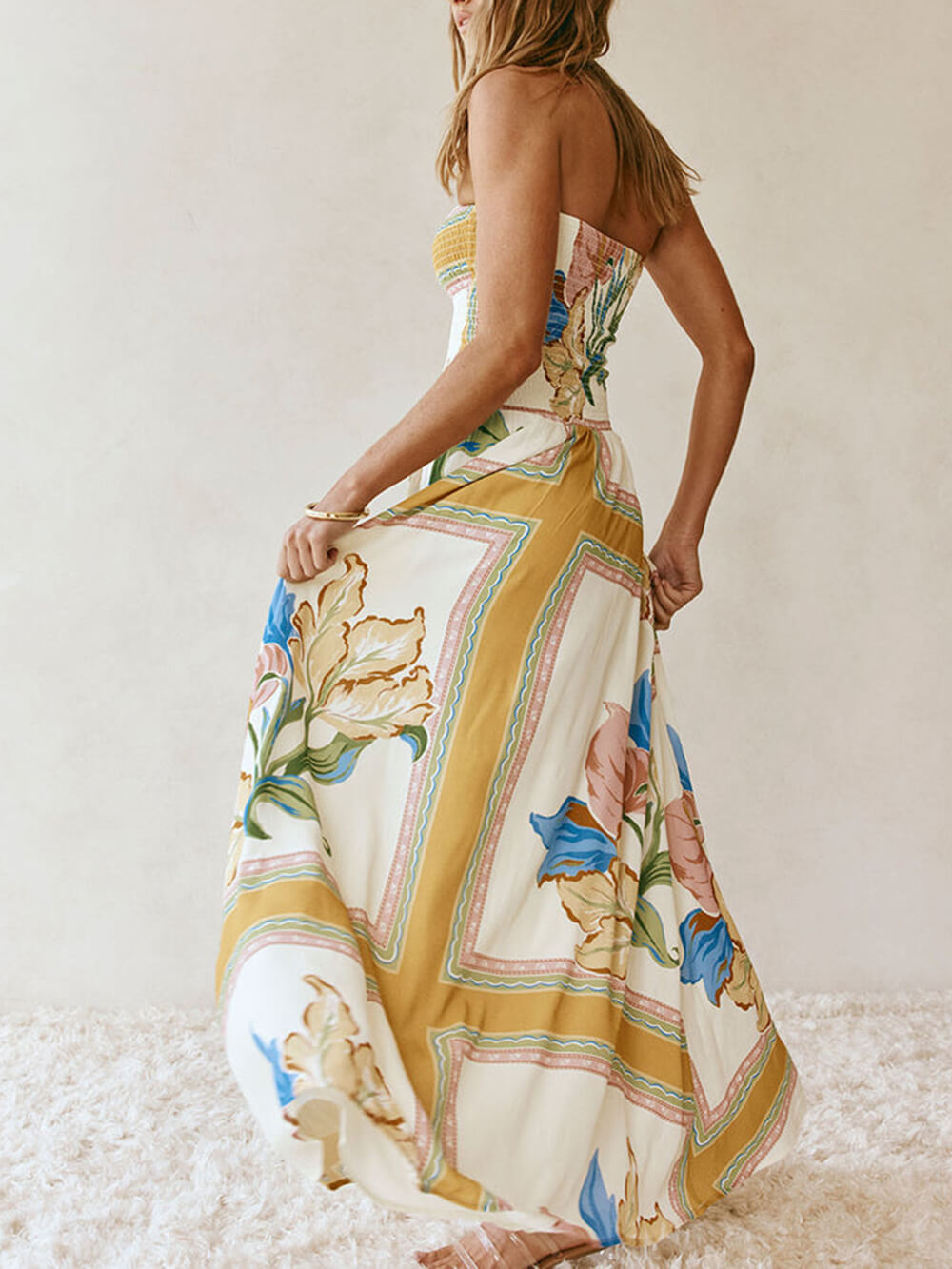 Elegant Off-Shoulder Printed Ruched A-Line With Pockets Maxi Dress