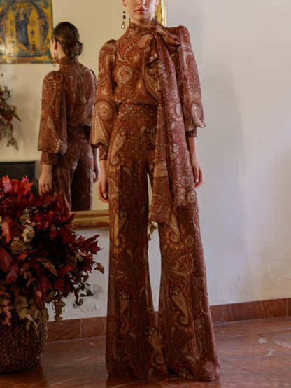 Retro Paisley Print Slim-Fit Wide-Leg Pants