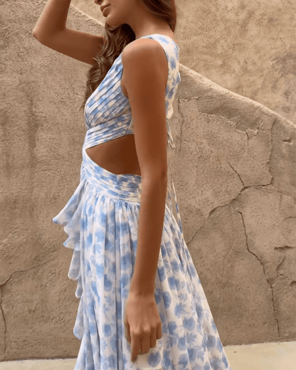 Back Lace-Up Elastic Waist Maxi Dress