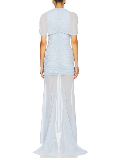 Elegant Ruched Sheer Panel Short-Sleeve Maxi Dress