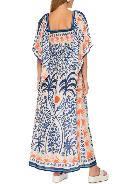 Square Collar Flutter Sleeves Printed Maxi Vacation Dress