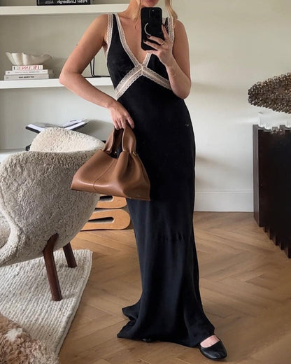 Elegant V-neck Lace Stitching Dress