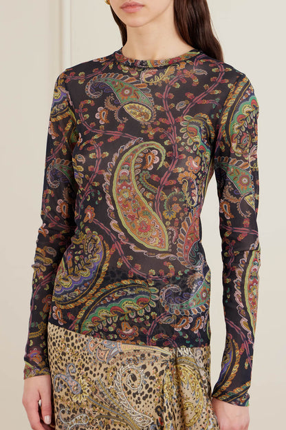 Exquisite Paisley Print Mesh Top