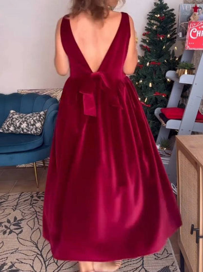 Velvet Backless Bow Midi Dress