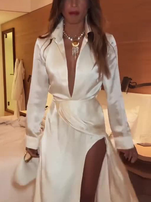 Elegant Deep V Neck Satin Long Sleeve Pleated Maxi Dress