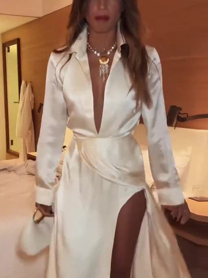 Elegant Deep V Neck Satin Long Sleeve Pleated Maxi Dress