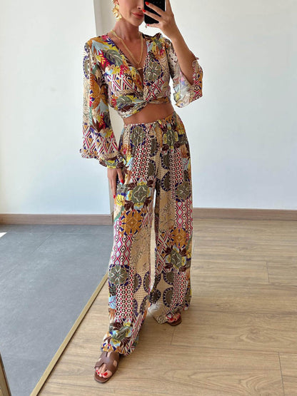 Retro Plant Print Short Wide-leg Pants