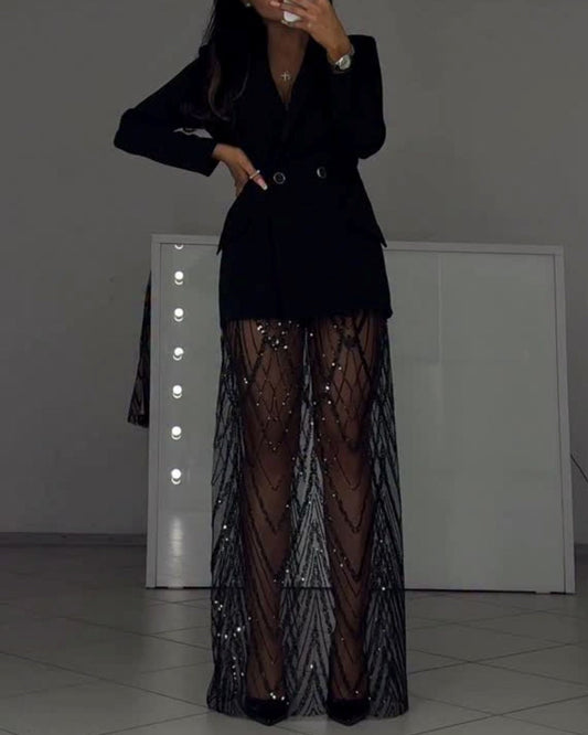 Black Blazer Top Spliced Sequin Mesh Slit Skirt Set
