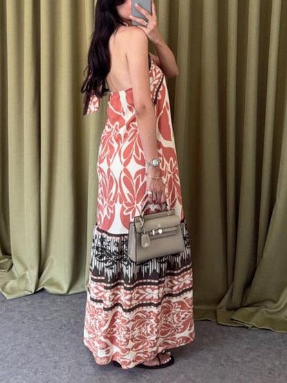 Vintage Floral Print Cross-neck Maxi Dress