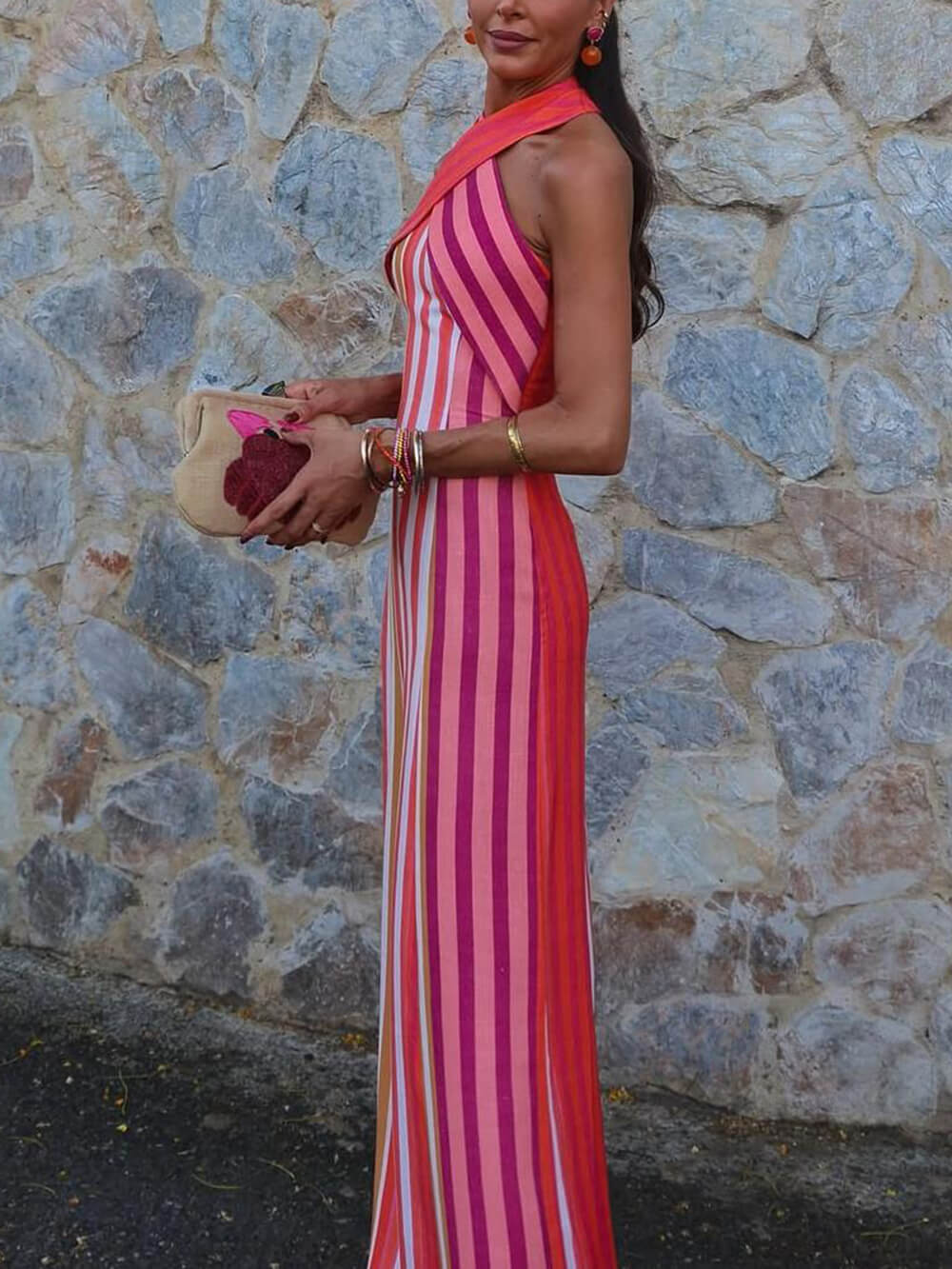 Summer Sunset Samba Cross-Strap Striped Maxi Dress