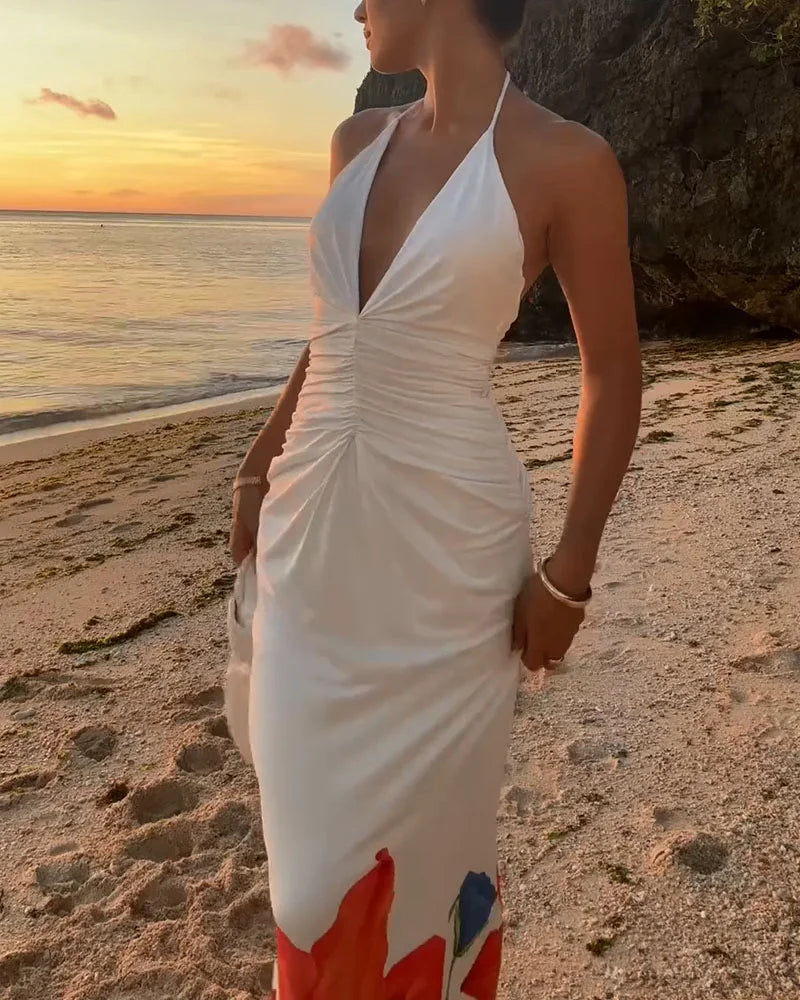 Halter neck strappy printed backless dress