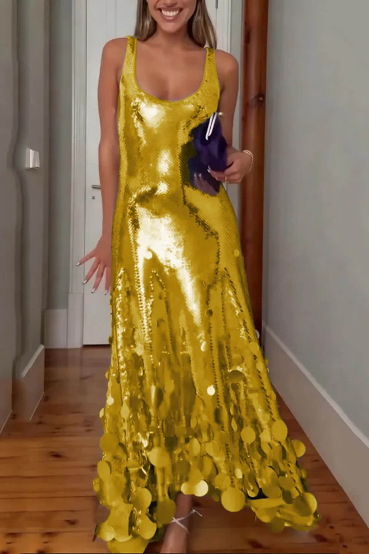 Exquisite Party Tips Sequin Irregular Round Tassels Hem Back Cutout Tank Maxi Dress