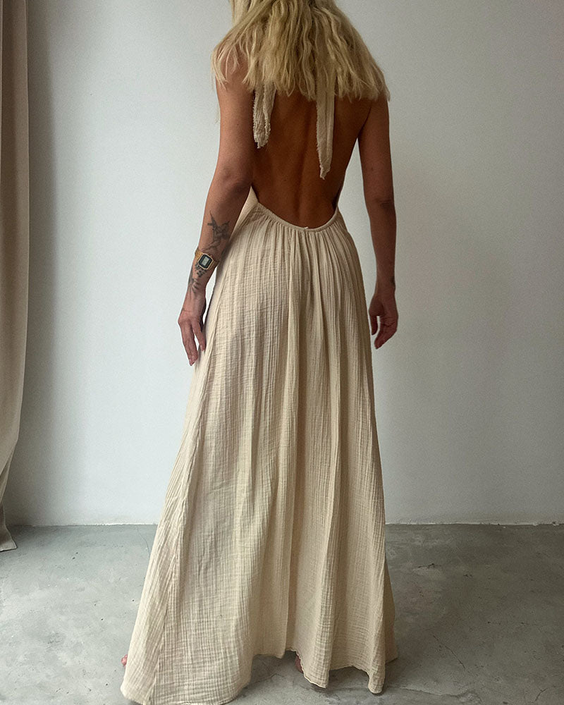 Elegant V-neck lace-up cotton and linen dress