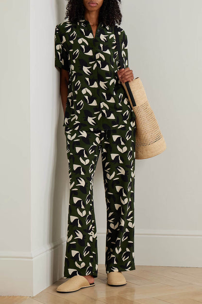 Unique Floral Print Satin Elastic Waist Straight Leg Pants