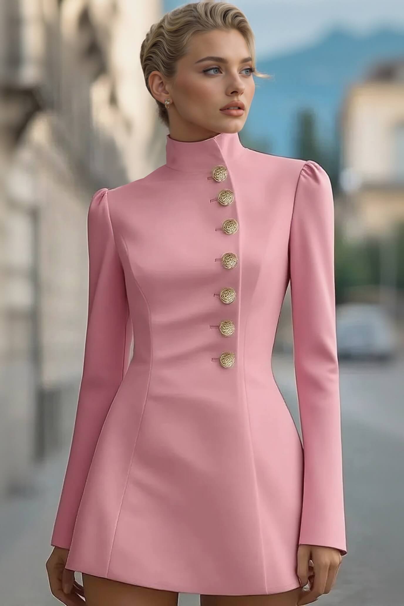 Elegant Retro High-Neck Metal Button Party Mini Dress