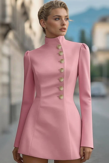 Elegant Retro High-Neck Metal Button Party Mini Dress