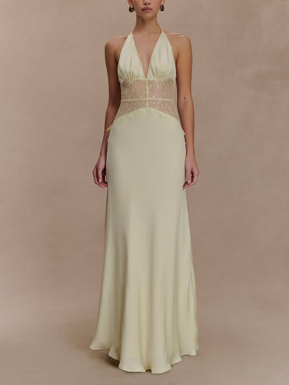 Elegant Lace-Panel V-Neck Lace-Up Satin Maxi Dress