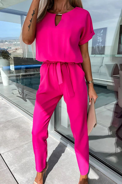 Metal Cutout Neck Belted Pocketed