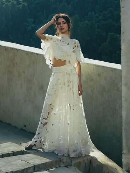 Elegant High Collar Embroidered Lace Short Shirt