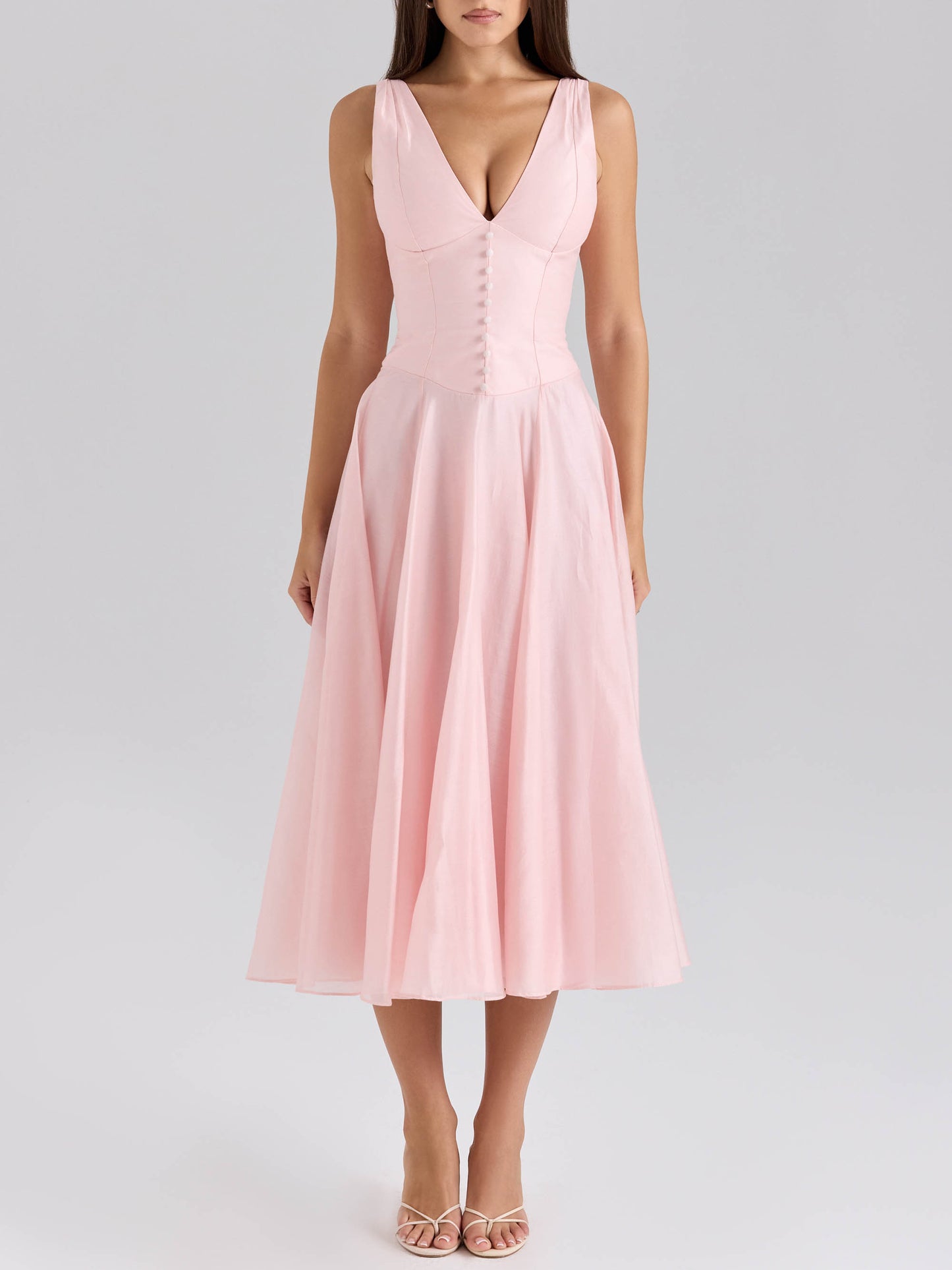 Elegant V-neck Chiffon Button Midi Dress
