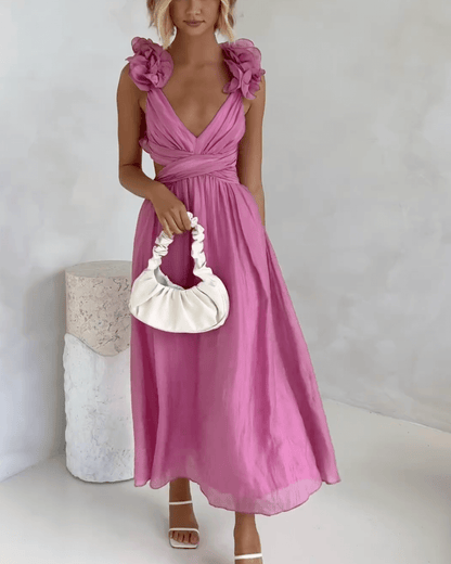 Floral Ruffle Detail Back Lace-Up Elastic Waist Maxi Dress