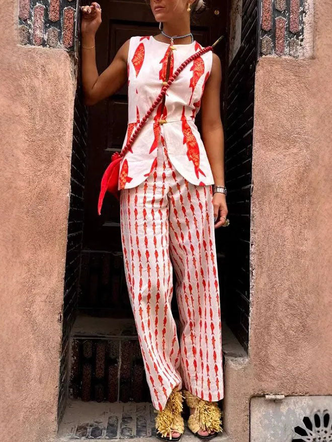 Unique Lucky Fish Print Elastic Waist Wide-leg Pants