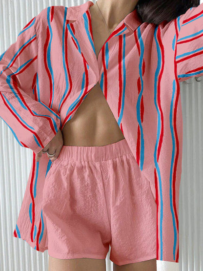 Contrast color striped casual two-piece set