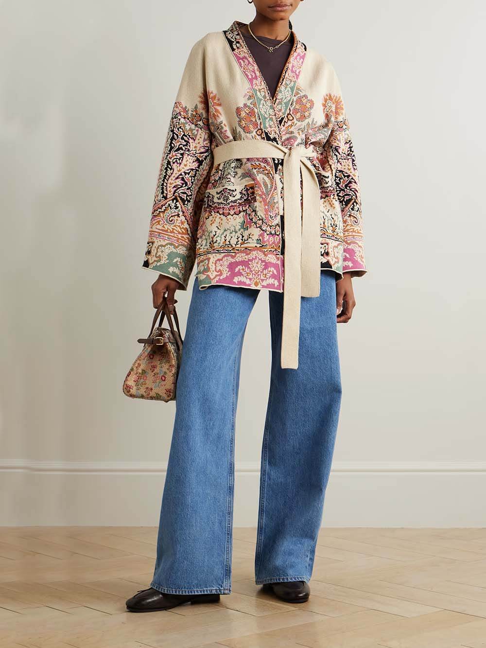 Classic Unique Print Belted Cotton-Linen Jacquard Cardigan