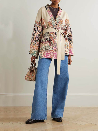 Classic Unique Print Belted Cotton-Linen Jacquard Cardigan