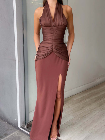 Elegant V-neck Pleated Waist Slit Maxi Dress
