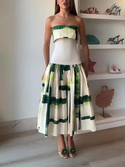 Elegant Printed Strapless Ribbed Bodycon Midi Dress