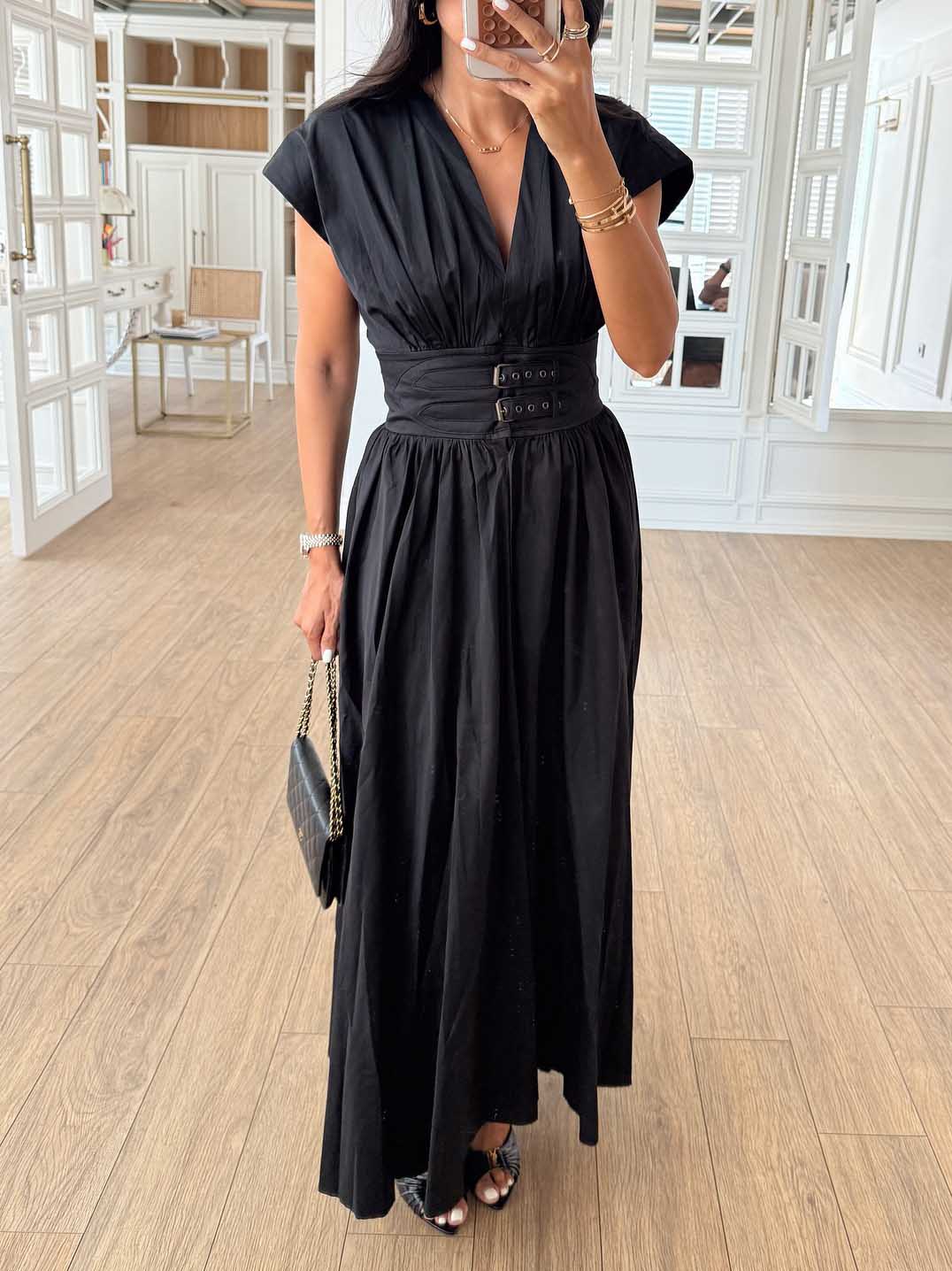 Exquisite V-neck Waist Pleated Shirt-style Maxi Dress